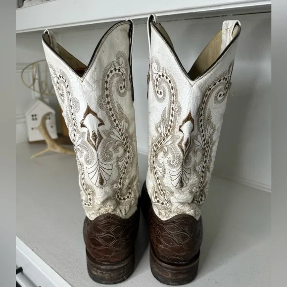 **SOLD**Ferrini Lizard Print Western Cowboy Boots Men’s 10.5 Brown & White - Picture 6 of 11